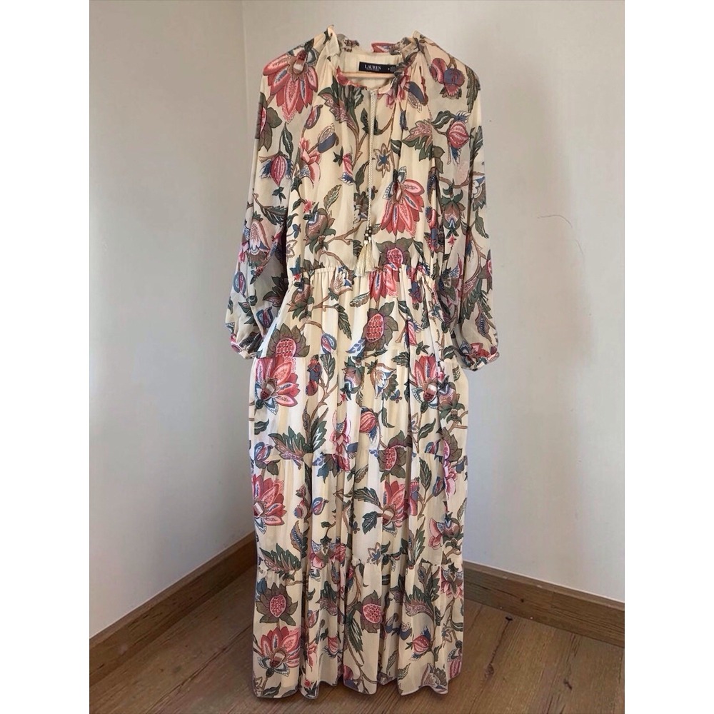Lauren Ralph Lauren Women Floral Crinkle Georgette Maxi Gown Dress Sz 10